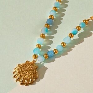 Gold and Blue Beaded Shell Necklace